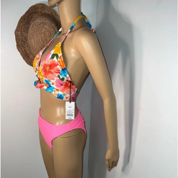 Shade &Shore, 34B, NWT Pink floral, bikini top with a halter neck,waist tie - Picture 5 of 11